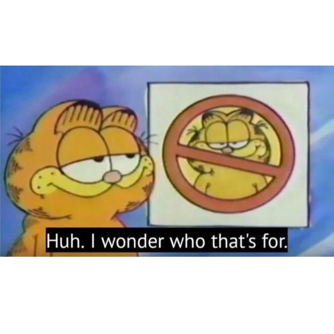 garfield looking at a poster of himself with an X over his face, ironically captioned: huh, I wonder who this is for